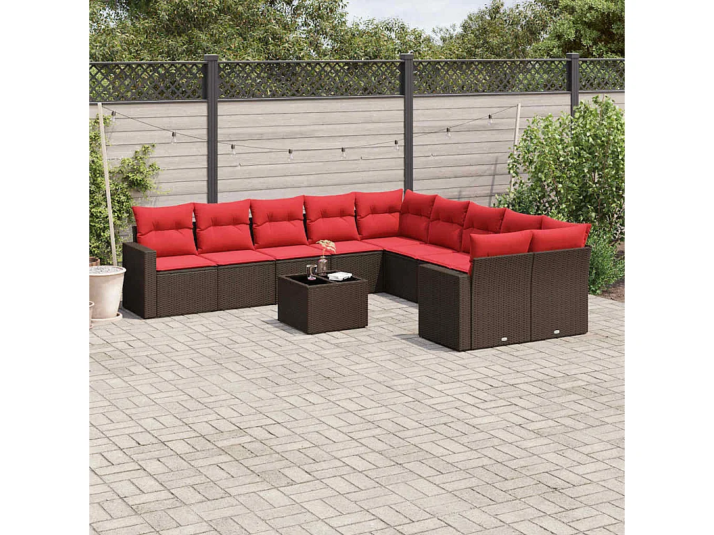 Set de sofás de jardín 11 piezas cojines ratán sintético marrón