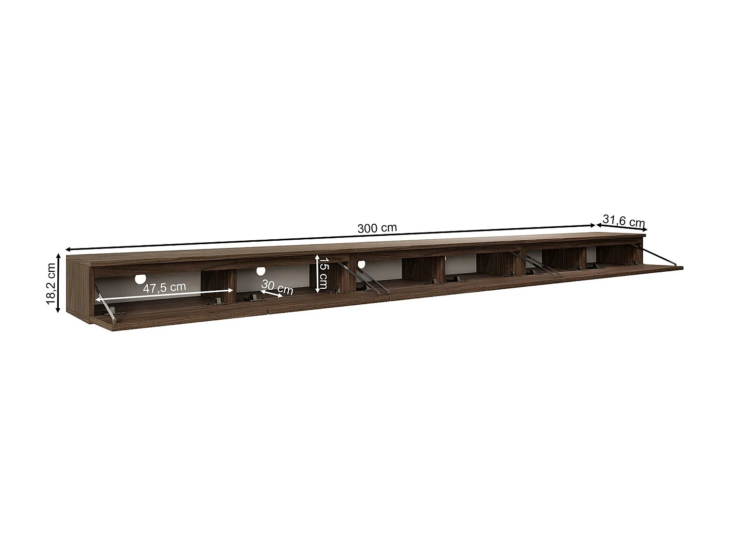 TV-Hängeboard 2-türig - Holzoptik Walnuss Wisconsin - 300 cm - BEMMI SLIM