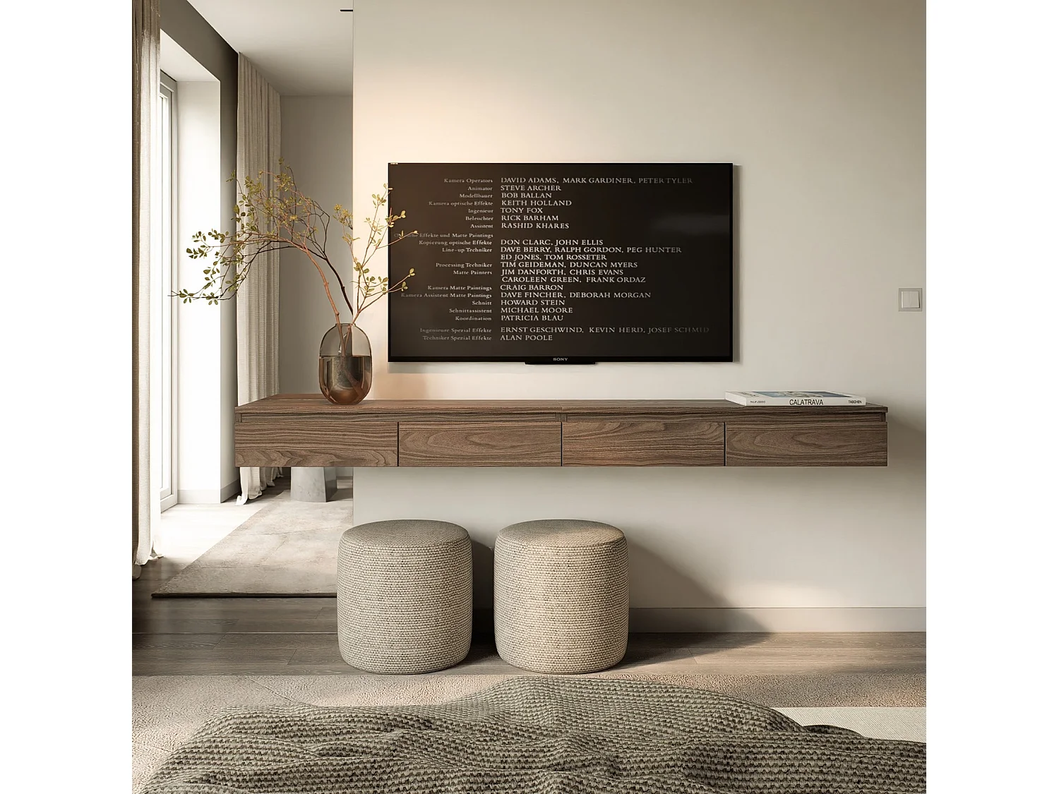 TV-Hängeboard 2-türig - Holzoptik Walnuss Wisconsin - 200 cm - BEMMI SLIM