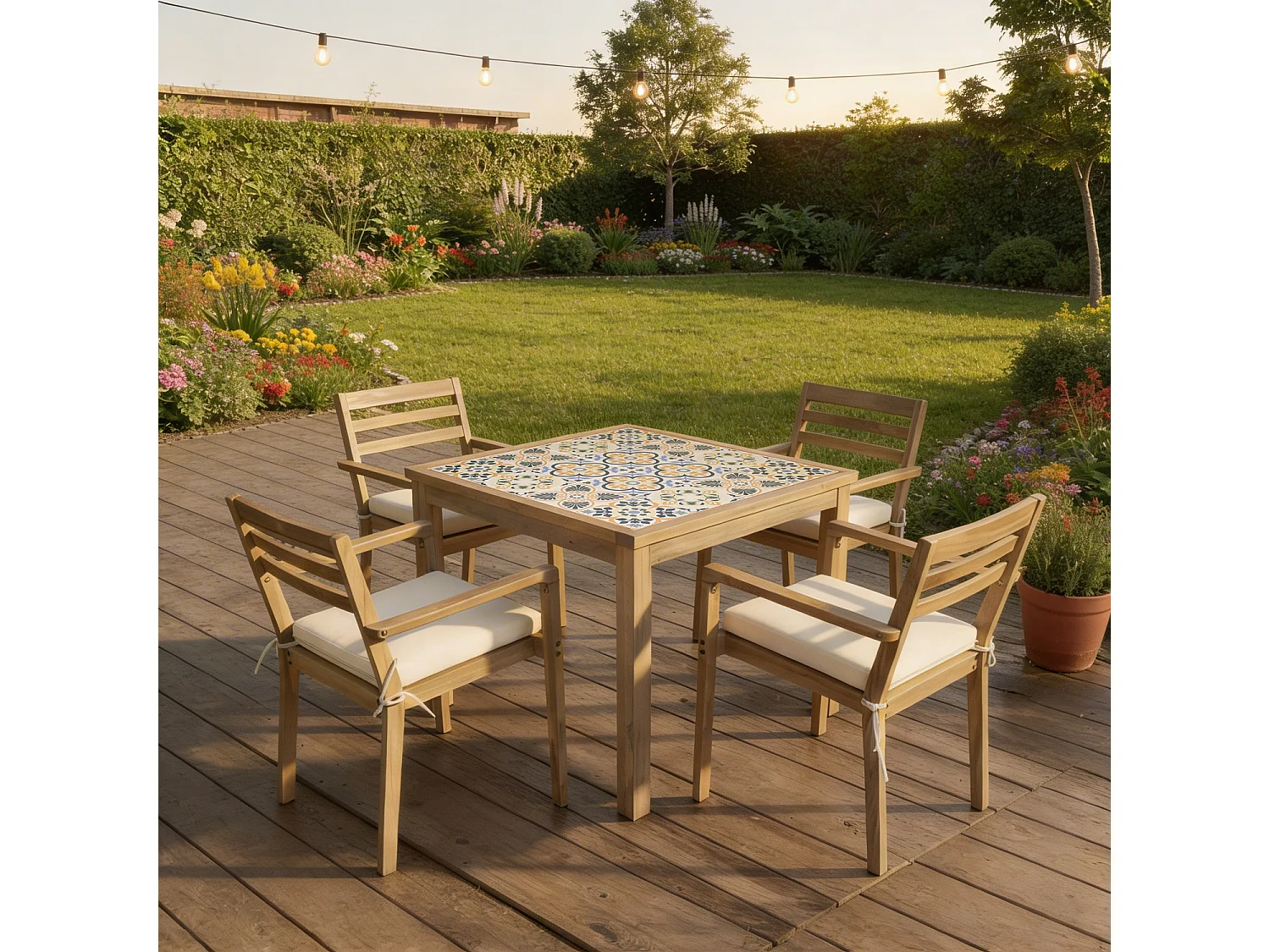 Ensemble table et chaises de jardin 4 places en acacia et céramique FARO