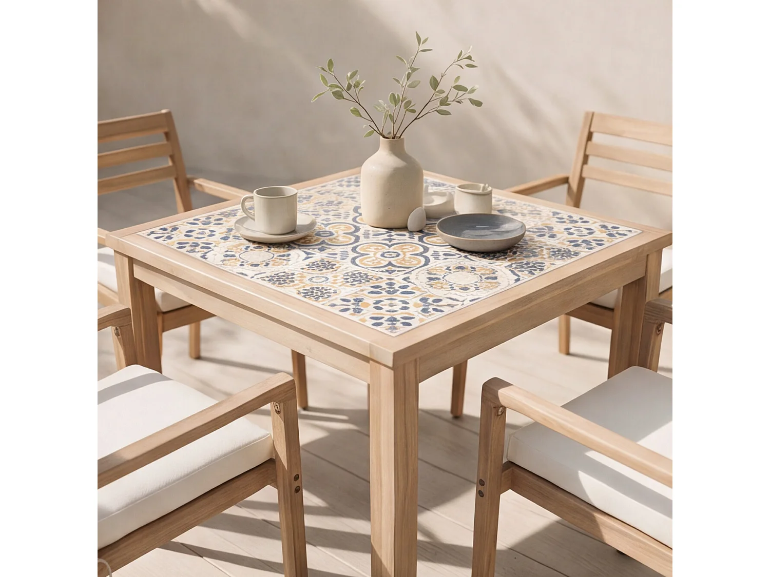 Ensemble table et chaises de jardin 4 places en acacia massif et céramique FARO