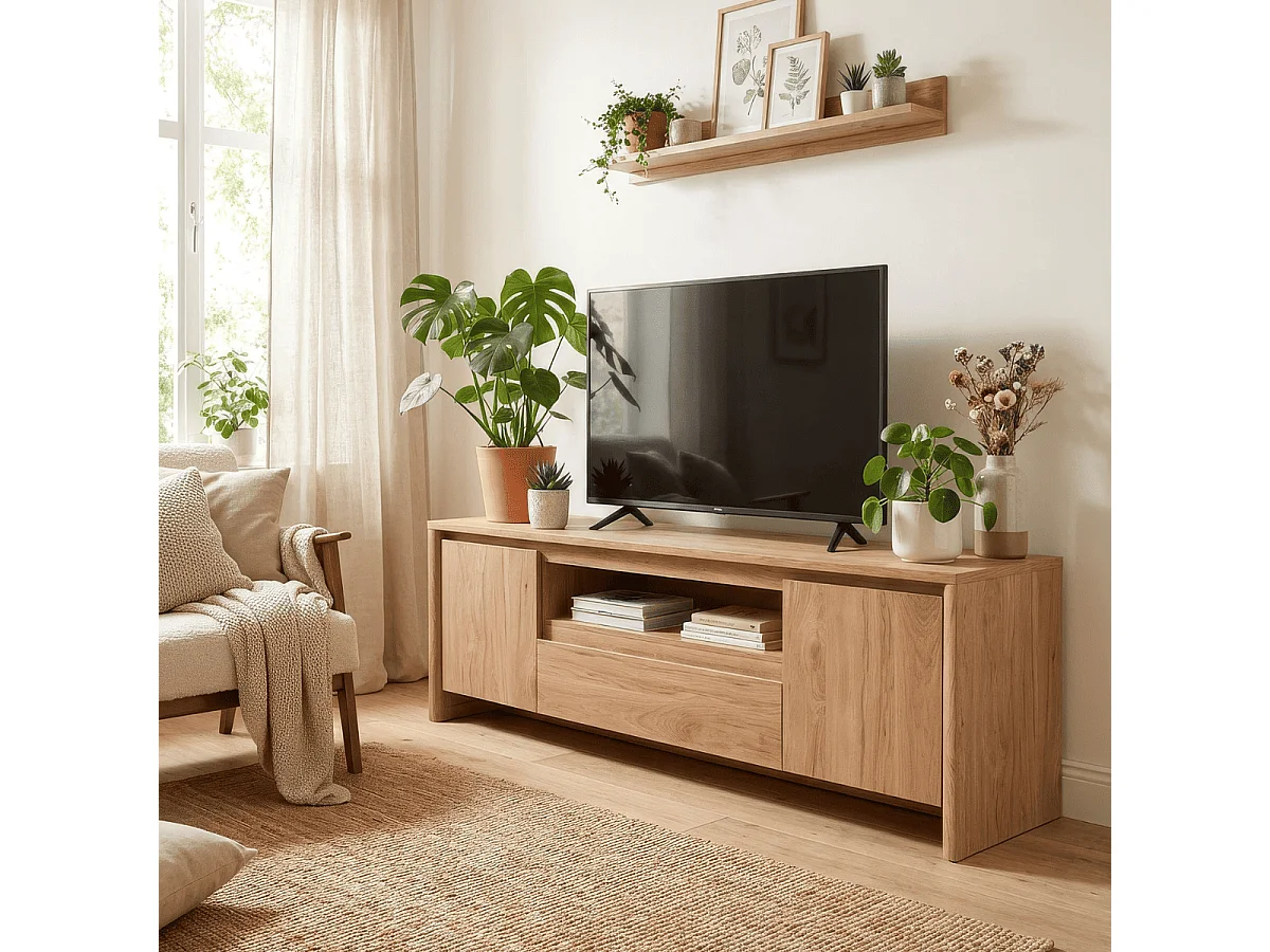 TV-Möbel 2 Türen 1 Schublade und 1 offenes Fach in Holzoptik B163 cm - SOREN