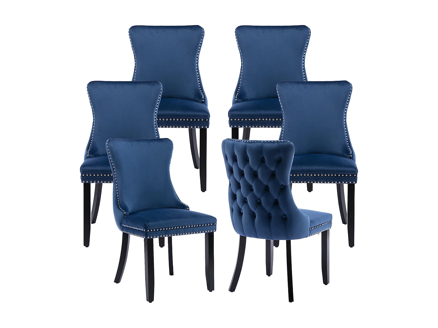 Sierra Set of 6 Wing Back Dining Chairs with Velvet Tufted & Oak Wood Legs