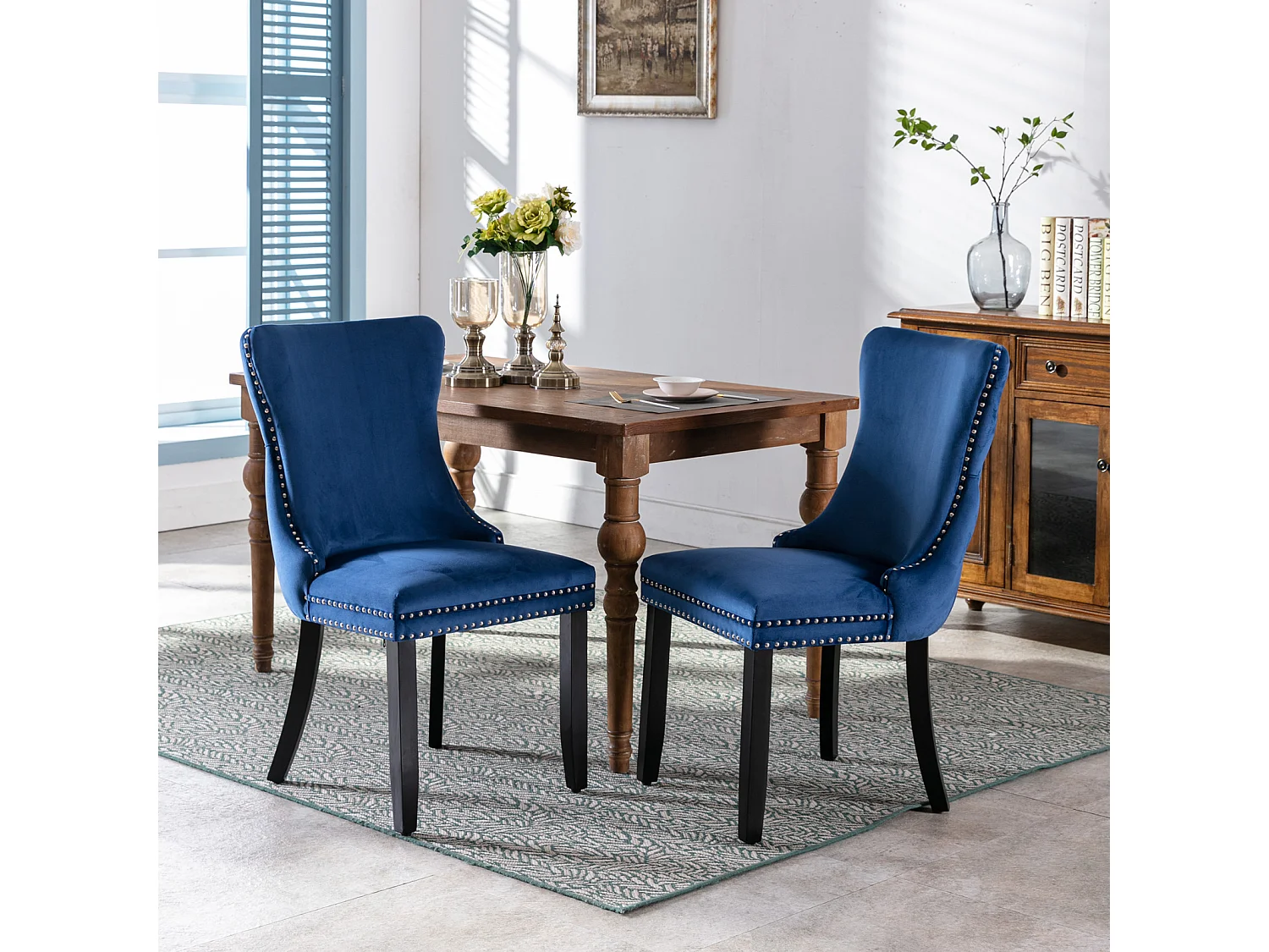 Sierra Set of 6 Wing Back Dining Chairs with Velvet Tufted & Oak Wood Legs