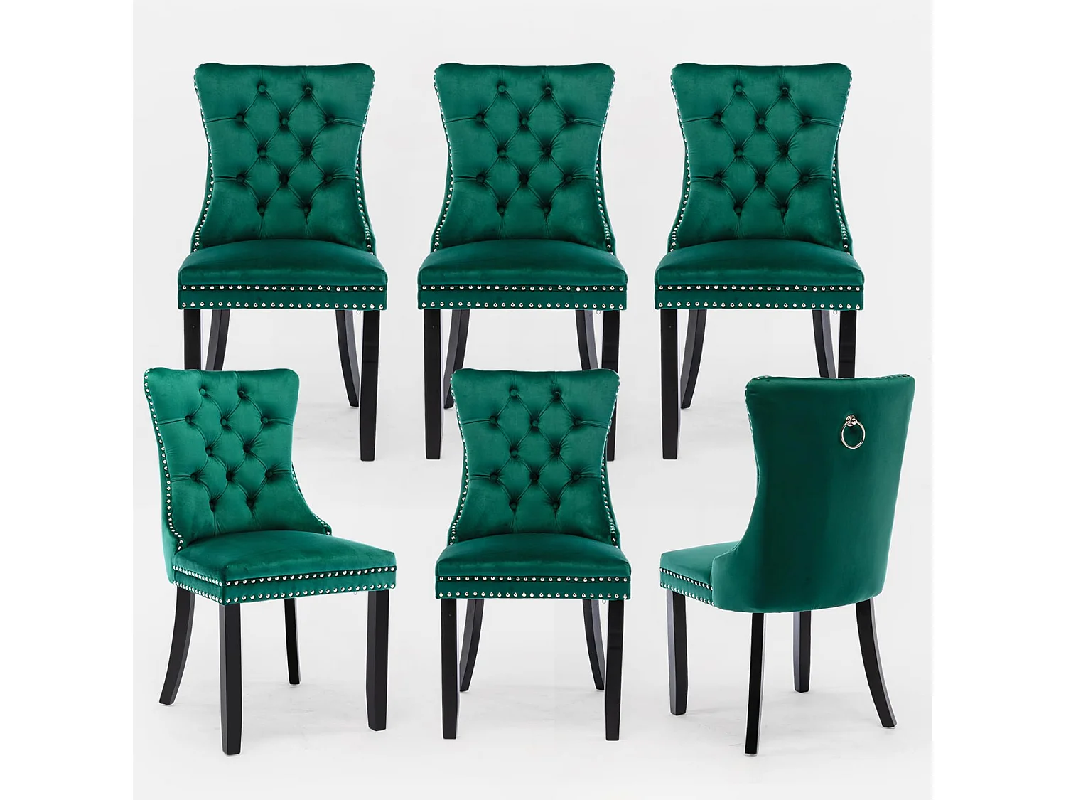 Romsey Set of 6 Dining Chairs Upholstered in Velvet with Oak Legs and Knocker Ring Back