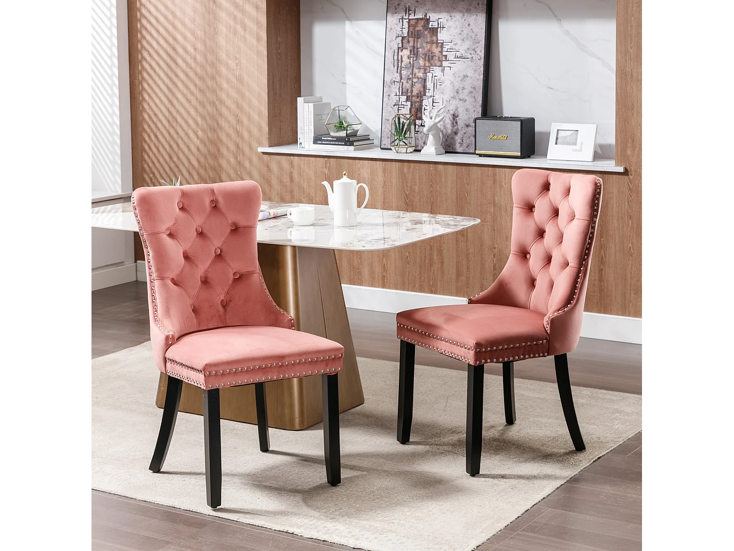 Romsey Set of 4 Dining Chairs Upholstered in Velvet with Oak Legs and Knocker Ring Back