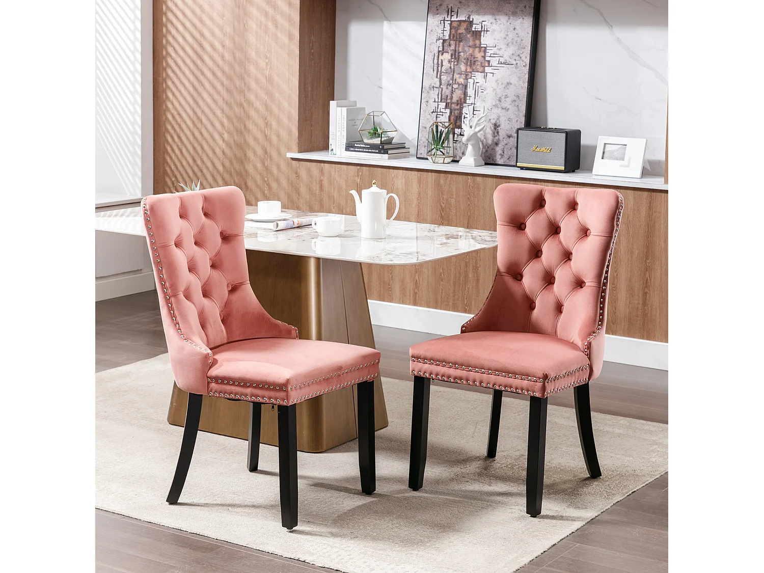 Romsey Set of 4 Dining Chairs Upholstered in Velvet with Oak Legs and Knocker Ring Back