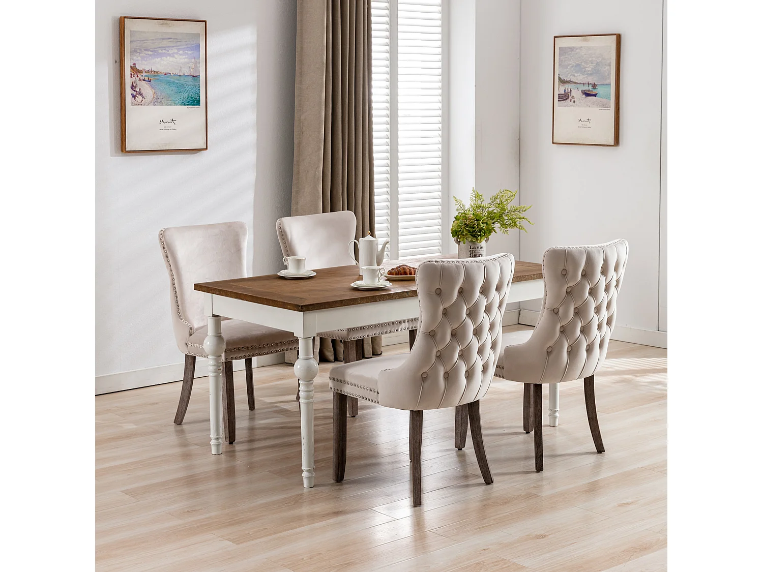 Sierra Set of 2 Wing Back Dining Chairs with Velvet Tufted & Oak Wood Legs