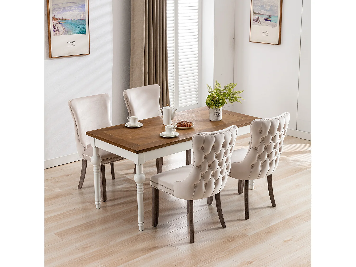 Sierra Set of 2 Wing Back Dining Chairs with Velvet Tufted & Oak Wood Legs