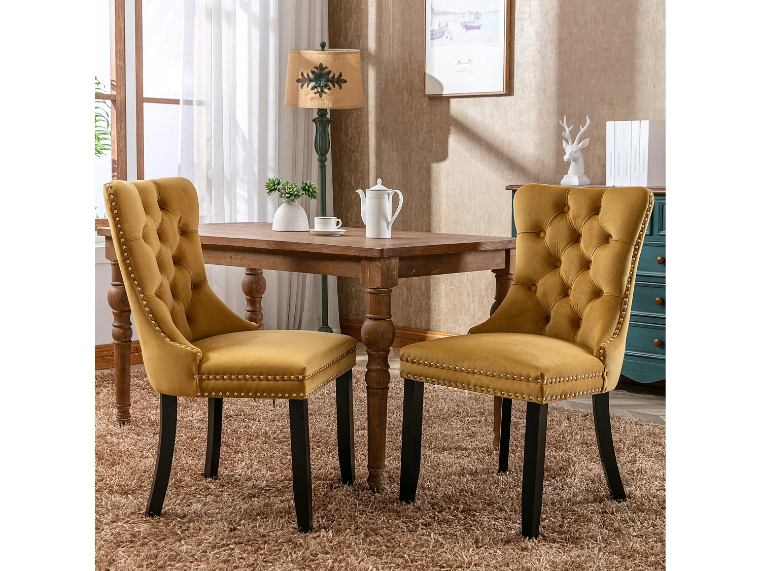 Romsey Set of 2 Dining Chairs Upholstered in Velvet with Oak Legs and Knocker Ring Back