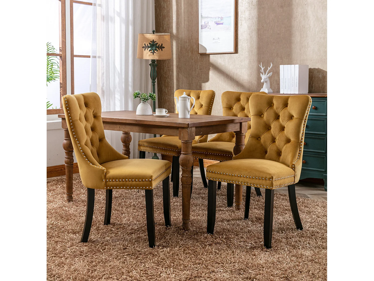 Romsey Set of 2 Dining Chairs Upholstered in Velvet with Oak Legs and Knocker Ring Back