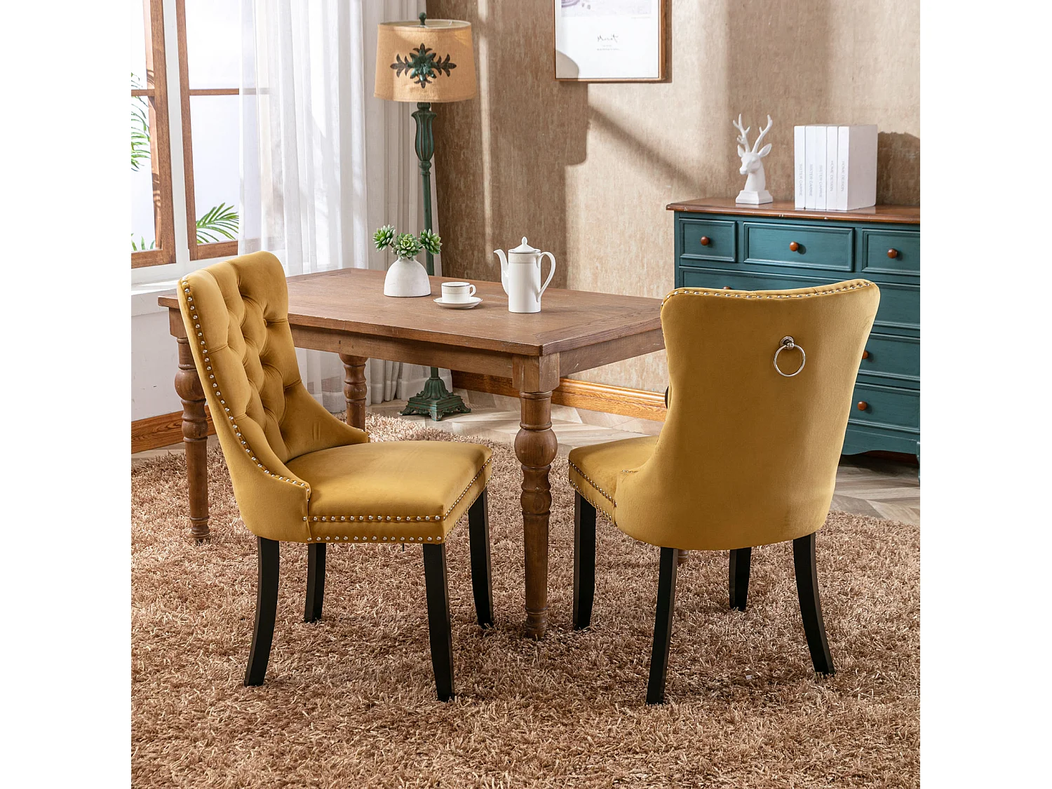 Romsey Set of 2 Dining Chairs Upholstered in Velvet with Oak Legs and Knocker Ring Back