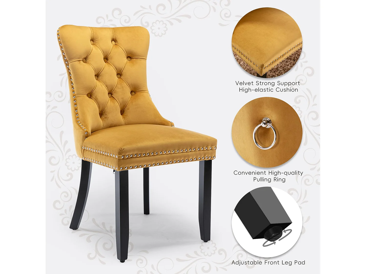 Romsey Set of 2 Dining Chairs Upholstered in Velvet with Oak Legs and Knocker Ring Back