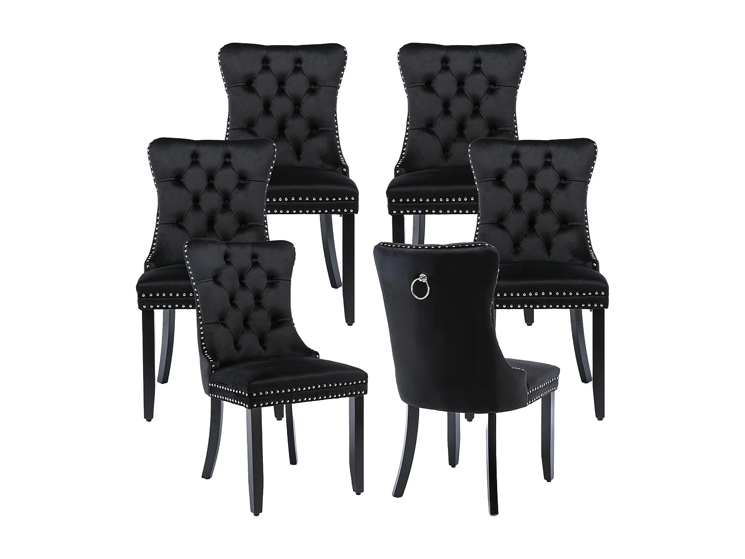 Romsey Set of 6 Dining Chairs Upholstered in Velvet with Oak Legs and Knocker Ring Back