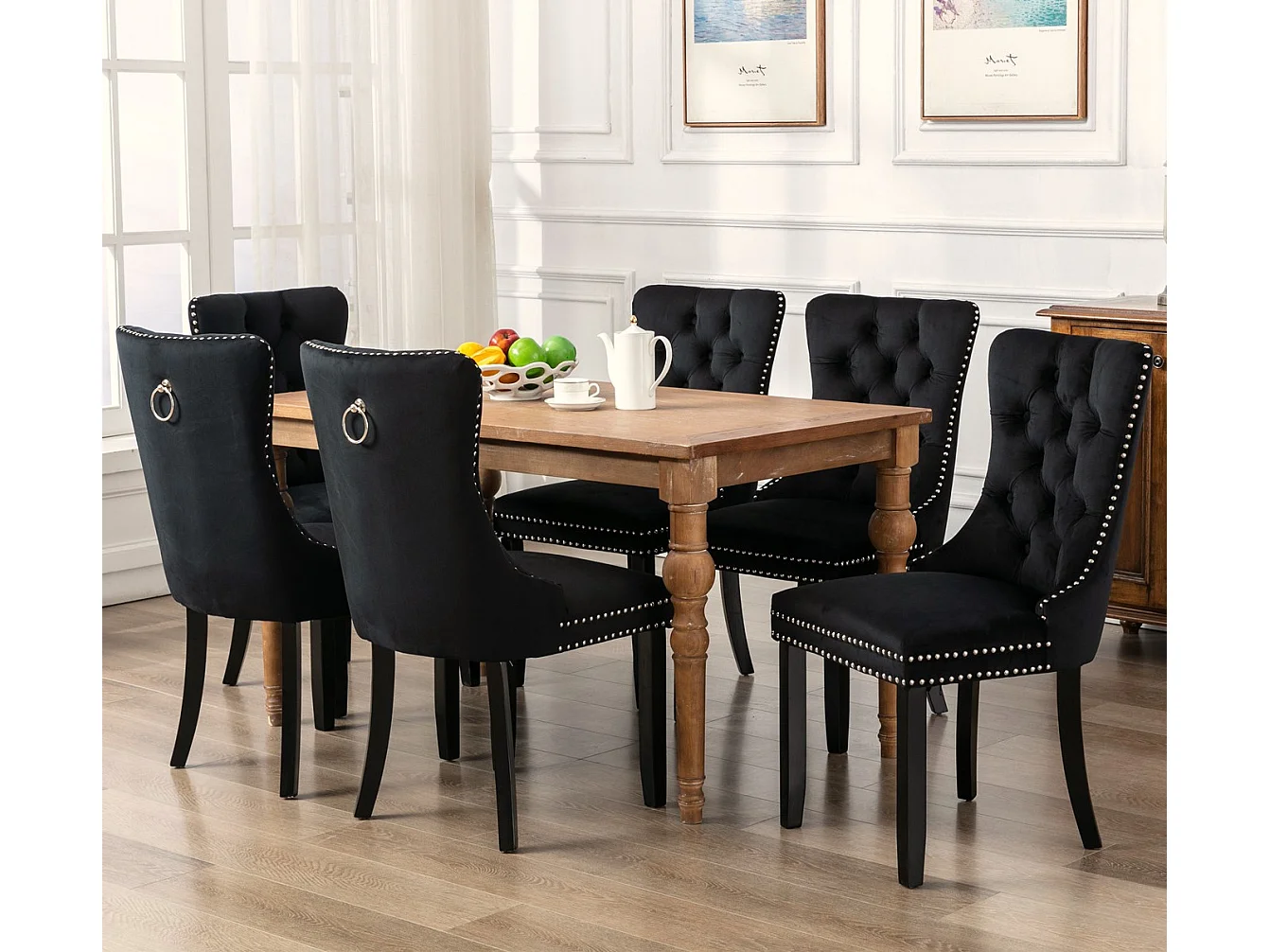 Romsey Set of 6 Dining Chairs Upholstered in Velvet with Oak Legs and Knocker Ring Back
