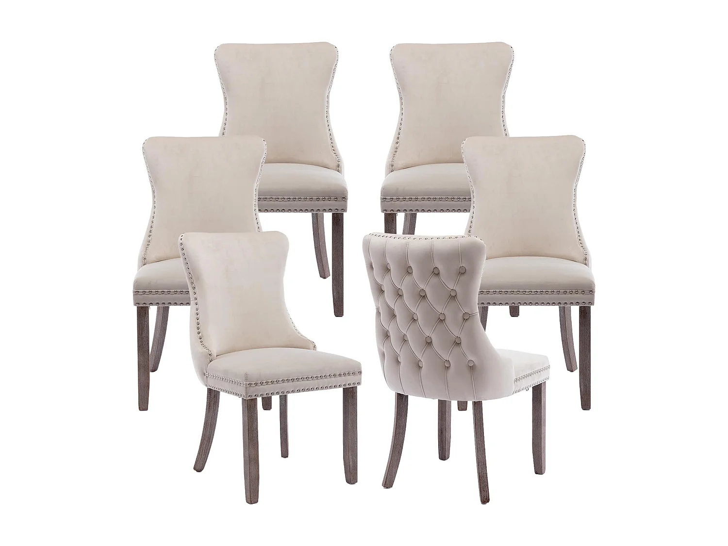 Sierra Set of 6 Wing Back Dining Chairs with Velvet Tufted & Oak Wood Legs