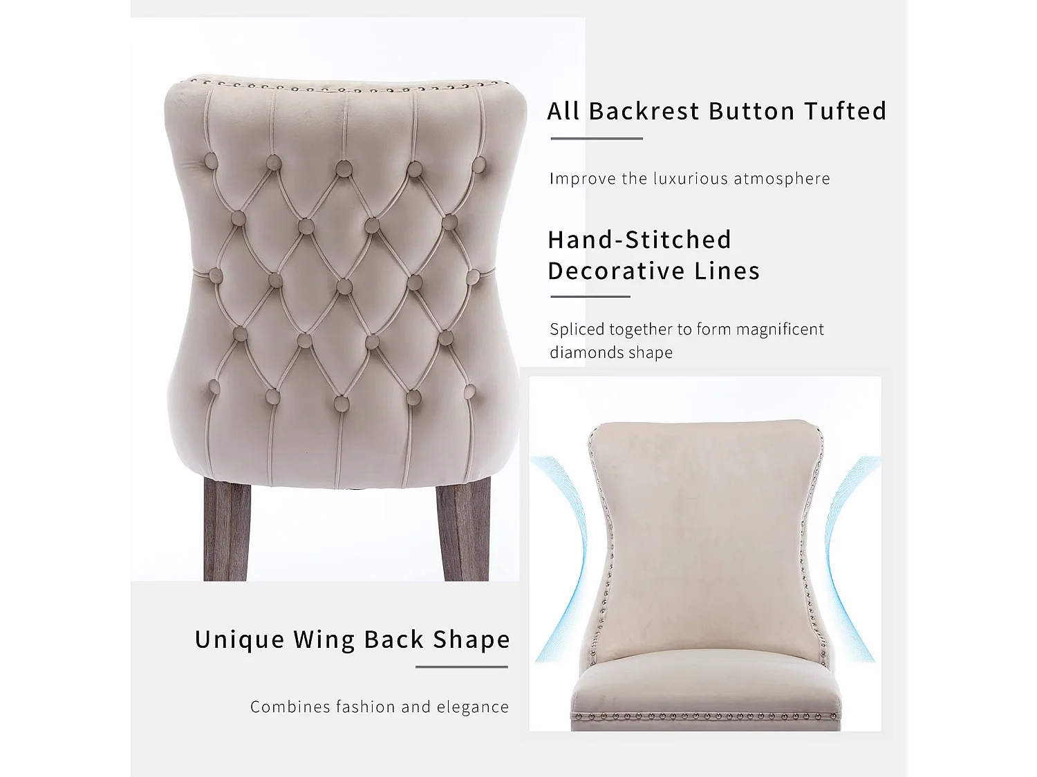 Sierra Set of 6 Wing Back Dining Chairs with Velvet Tufted & Oak Wood Legs