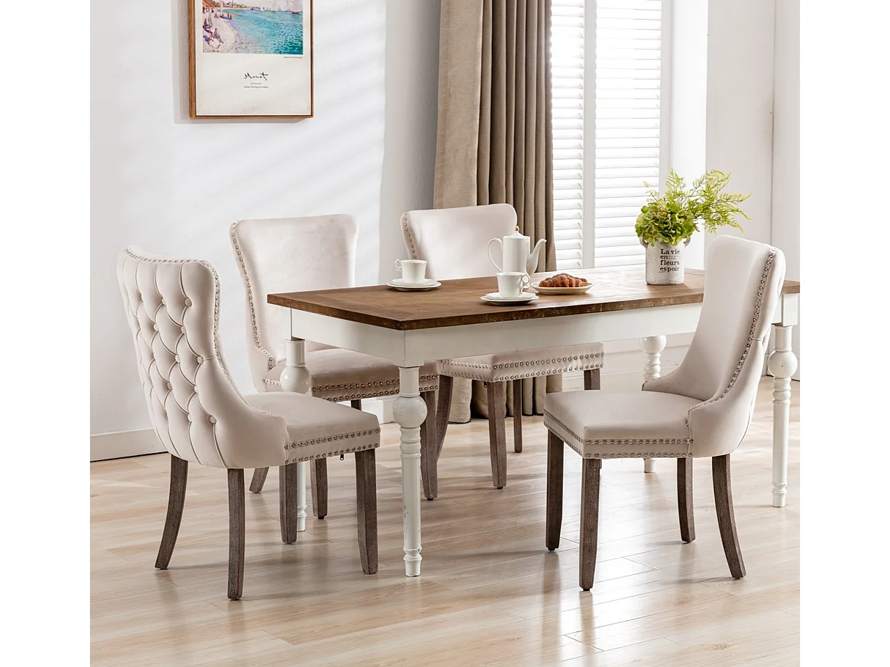 Sierra Set of 6 Wing Back Dining Chairs with Velvet Tufted & Oak Wood Legs