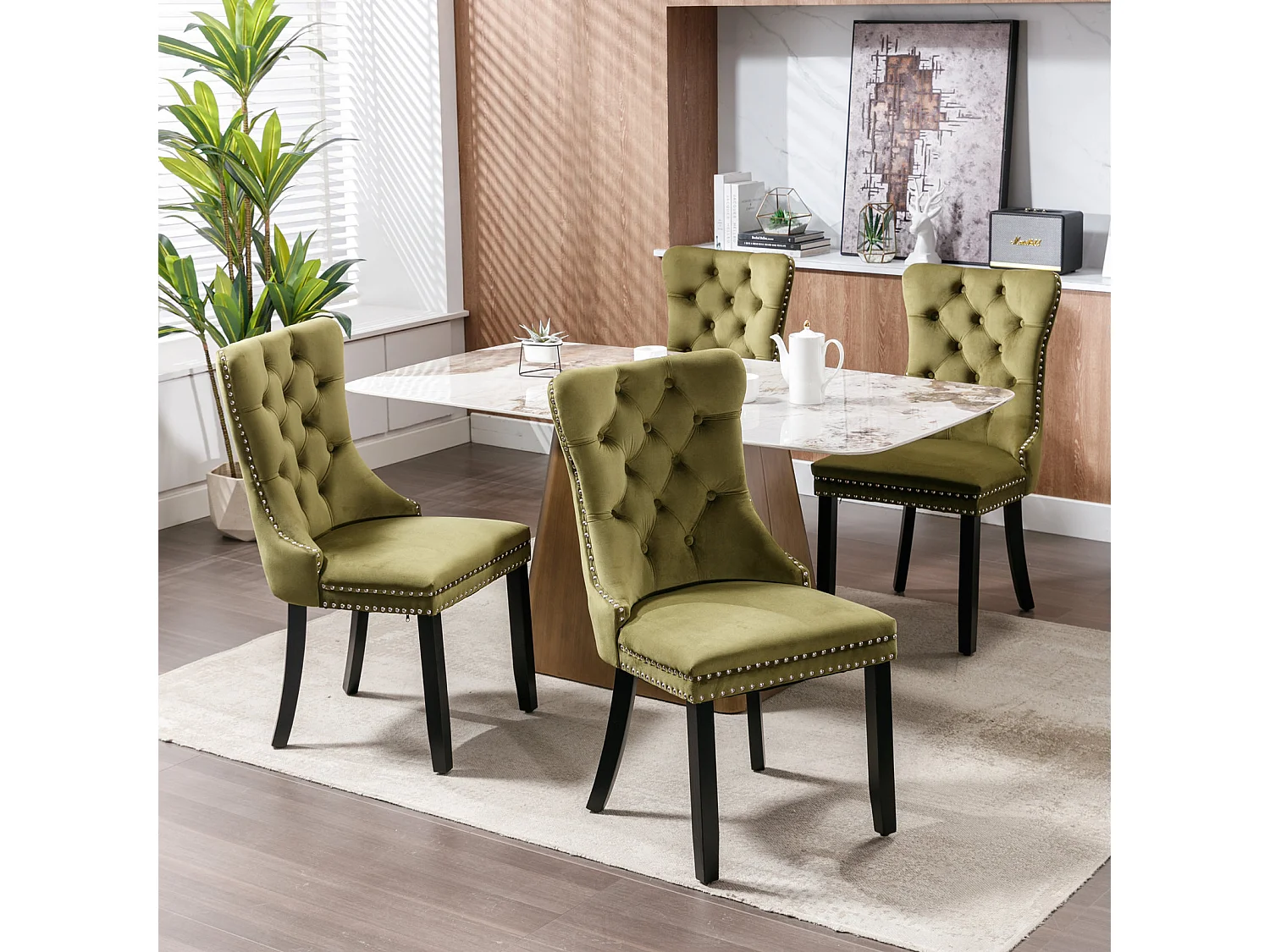 Romsey Set of 4 Dining Chairs Upholstered in Velvet with Oak Legs and Knocker Ring Back