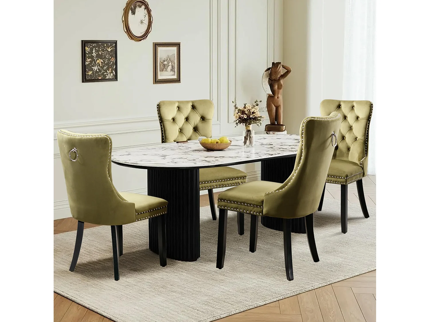 Romsey Set of 4 Dining Chairs Upholstered in Velvet with Oak Legs and Knocker Ring Back