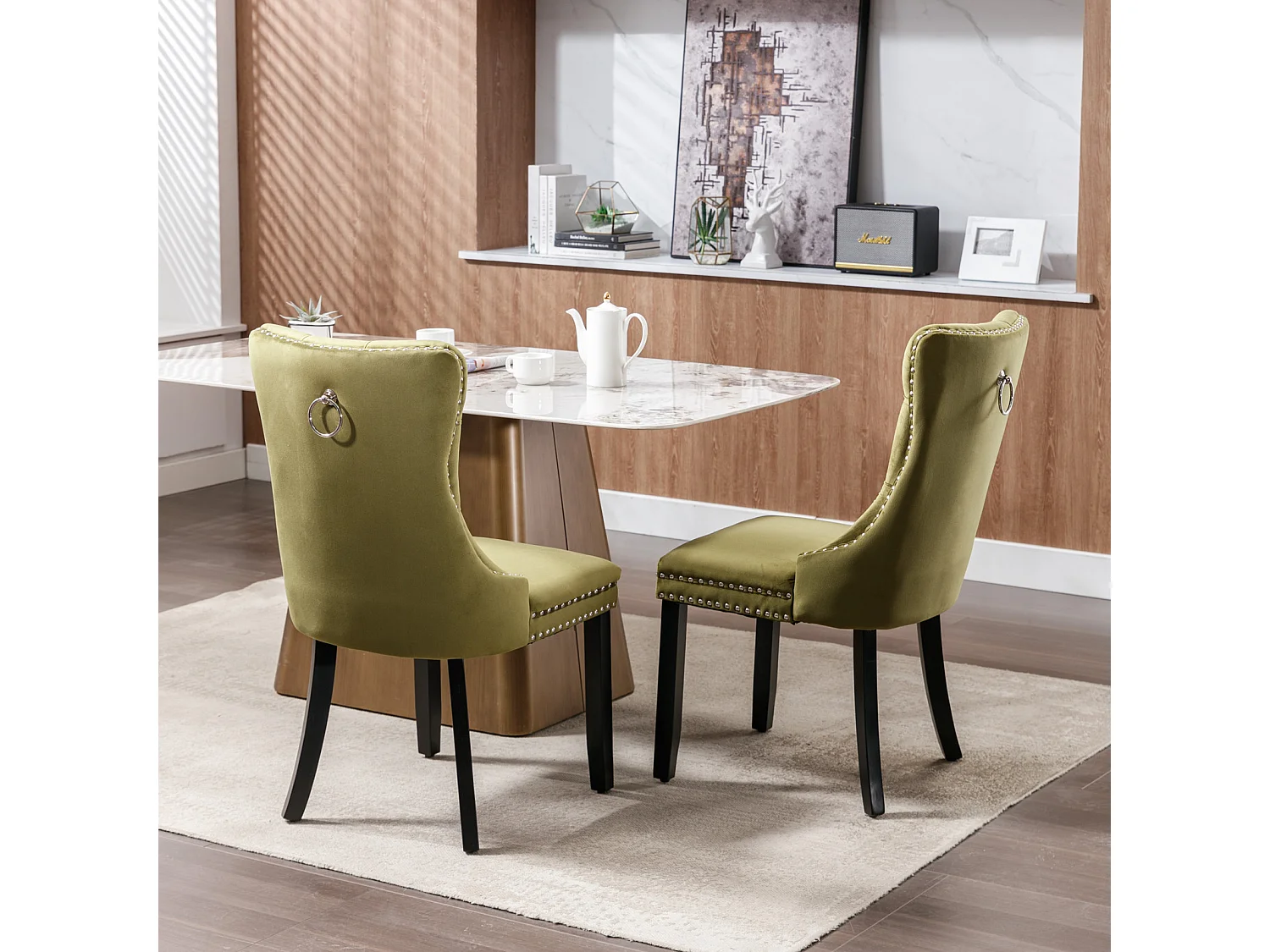 Romsey Set of 4 Dining Chairs Upholstered in Velvet with Oak Legs and Knocker Ring Back