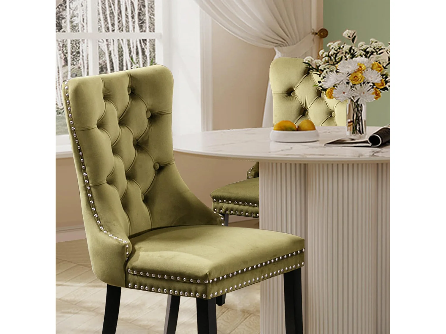 Romsey Set of 4 Dining Chairs Upholstered in Velvet with Oak Legs and Knocker Ring Back