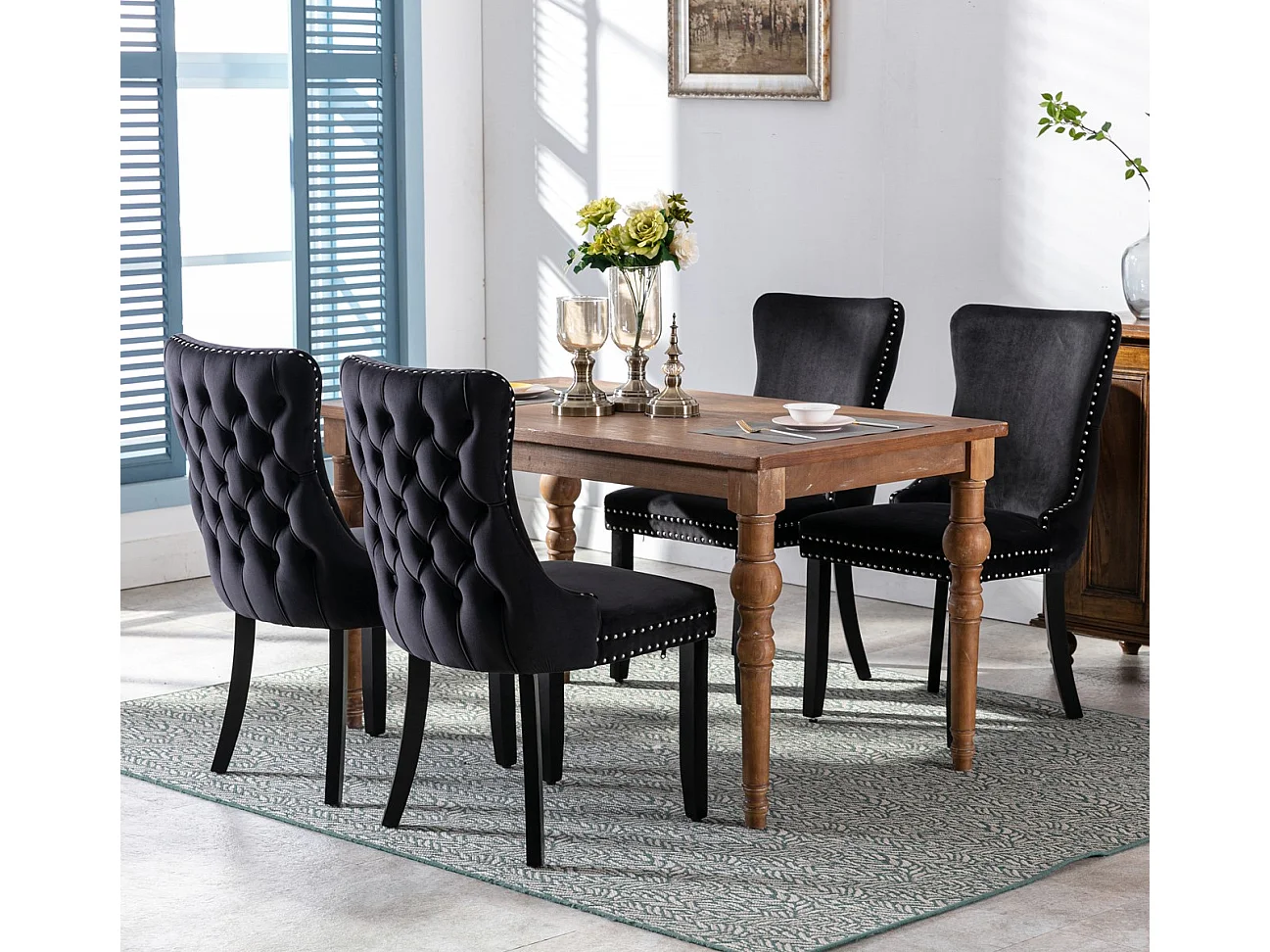 Sierra Set of 4 Wing Back Dining Chairs with Velvet Tufted and Oak Wood Legs