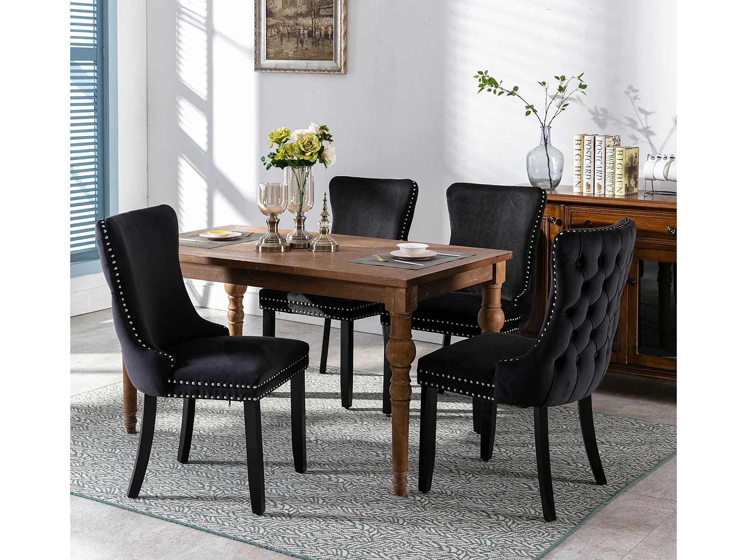 Sierra Set of 4 Wing Back Dining Chairs with Velvet Tufted and Oak Wood Legs