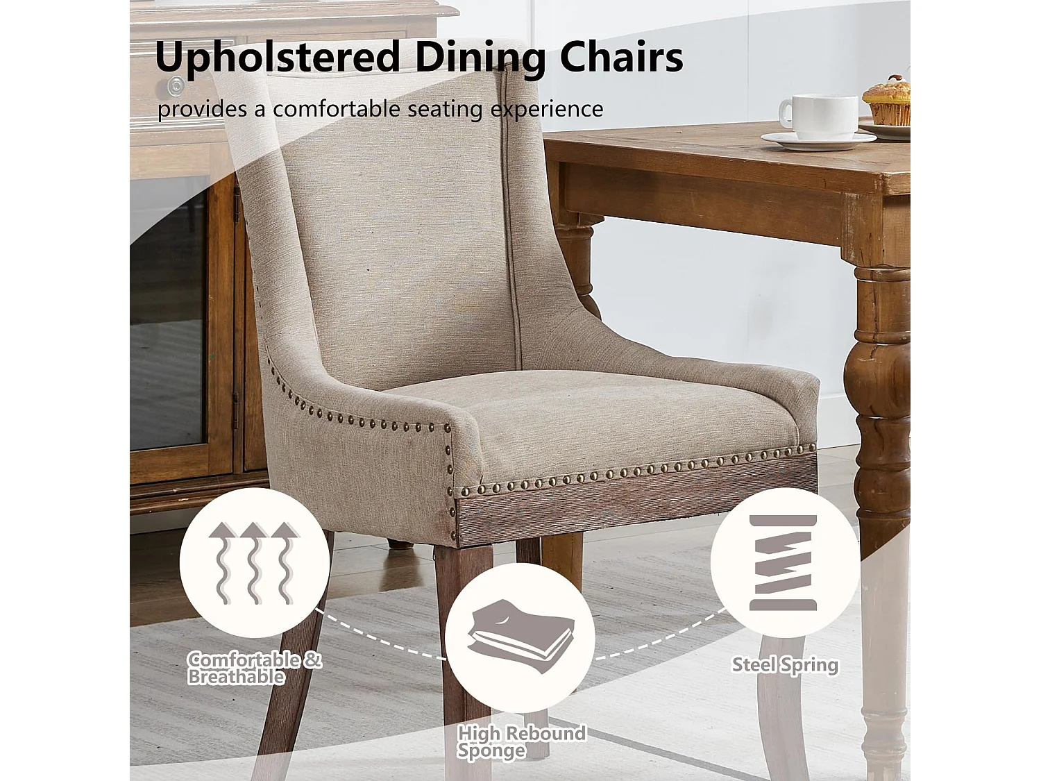 Bewley Set of 4 Dining Chairs Upholstered in Linen with Oak Wood Legs