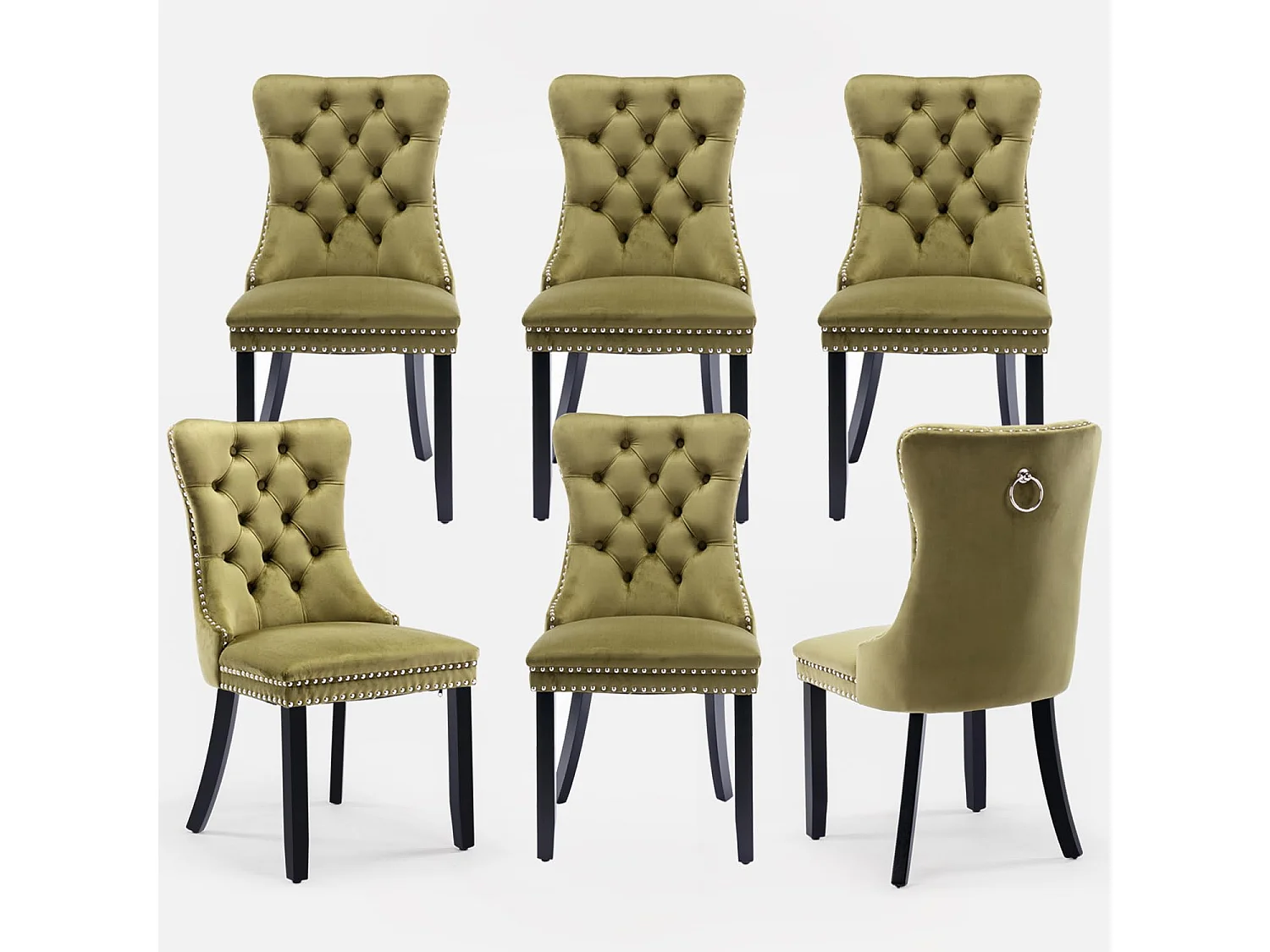 Romsey Set of 6 Dining Chairs Upholstered in Velvet with Oak Legs and Knocker Ring Back