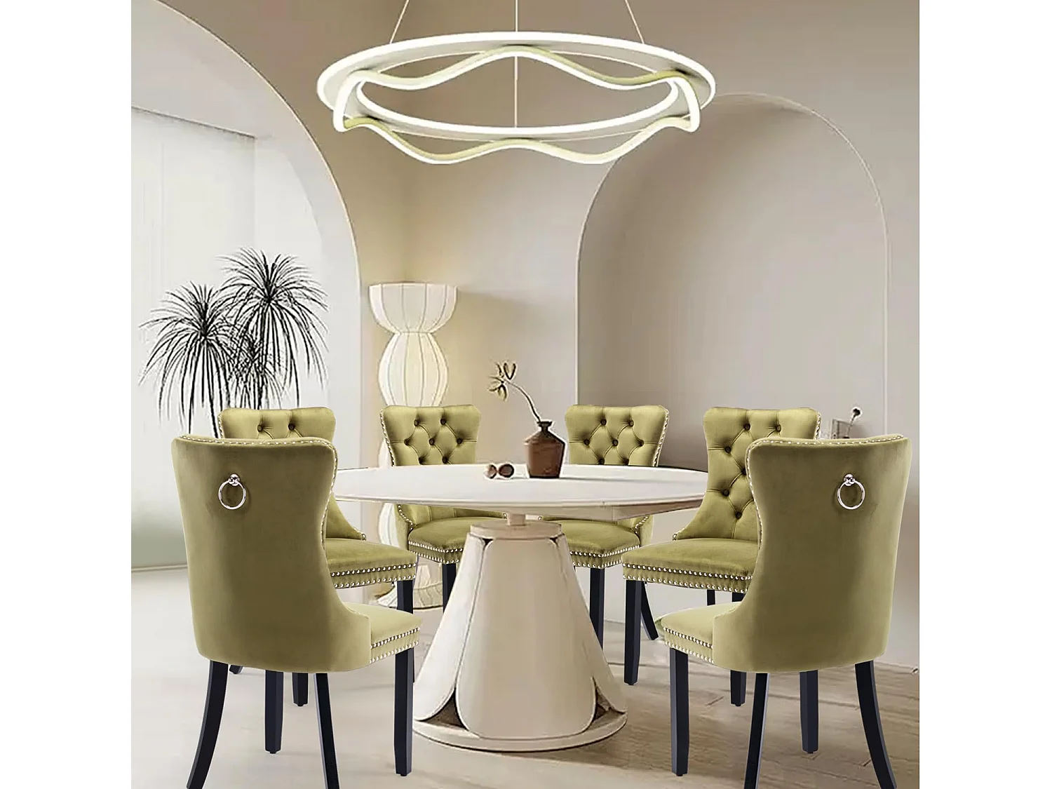 Romsey Set of 6 Dining Chairs Upholstered in Velvet with Oak Legs and Knocker Ring Back