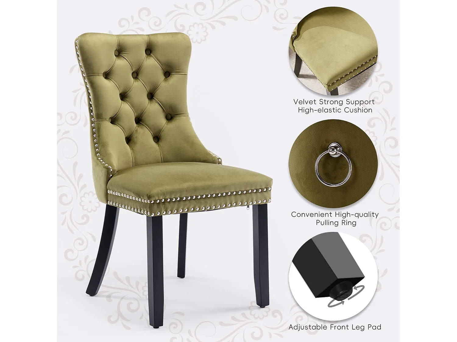 Romsey Set of 6 Dining Chairs Upholstered in Velvet with Oak Legs and Knocker Ring Back