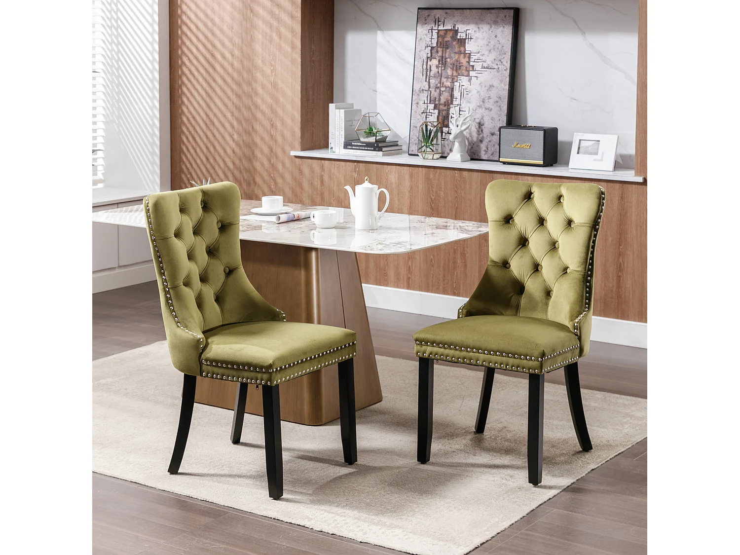 Romsey Set of 6 Dining Chairs Upholstered in Velvet with Oak Legs and Knocker Ring Back
