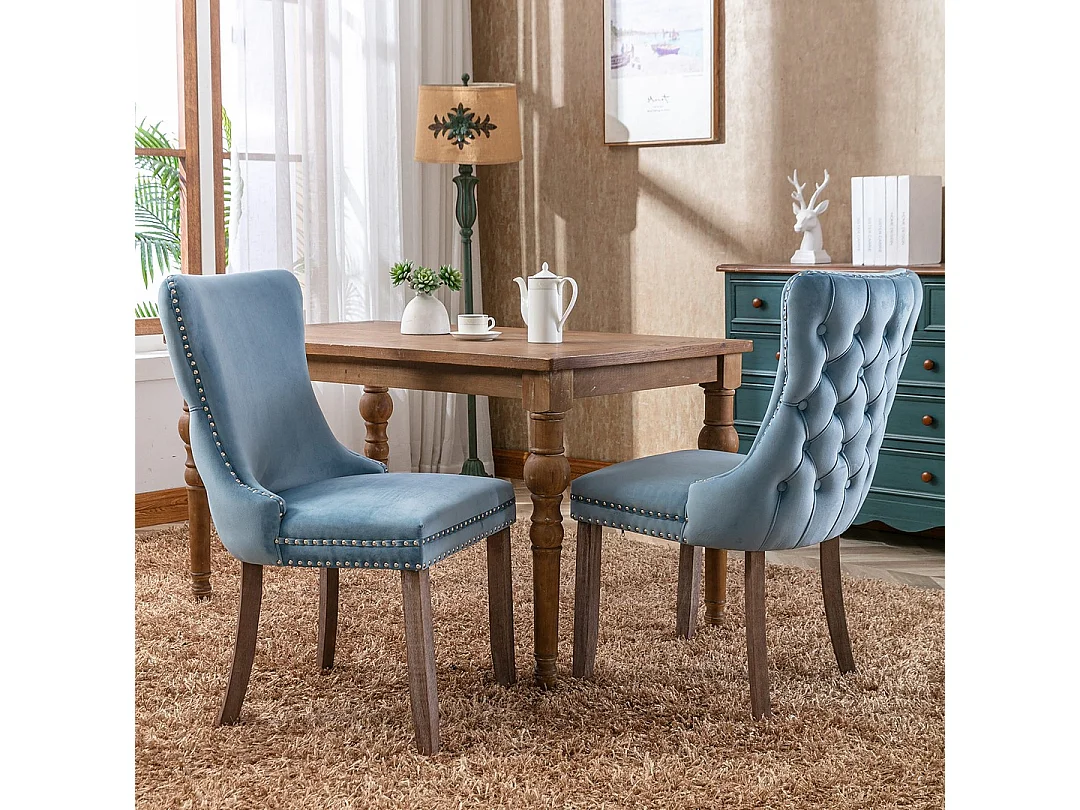 Sierra Set of 2 Wing Back Dining Chairs with Velvet Tufted & Oak Wood Legs