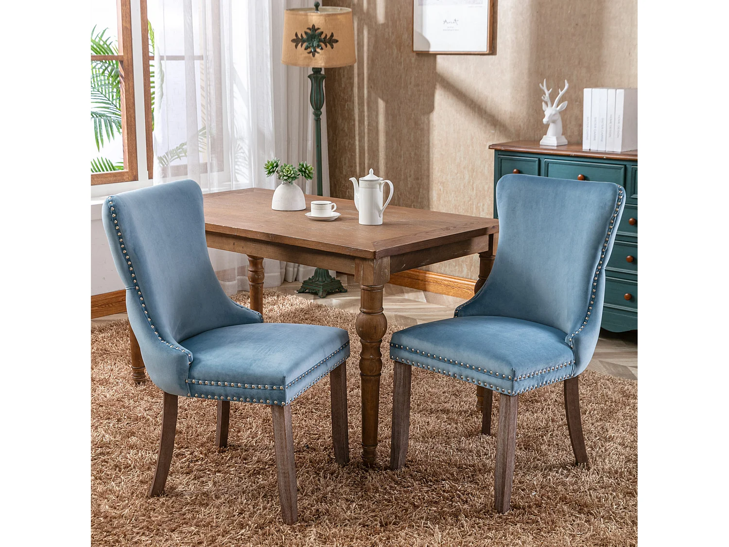Sierra Set of 2 Wing Back Dining Chairs with Velvet Tufted & Oak Wood Legs