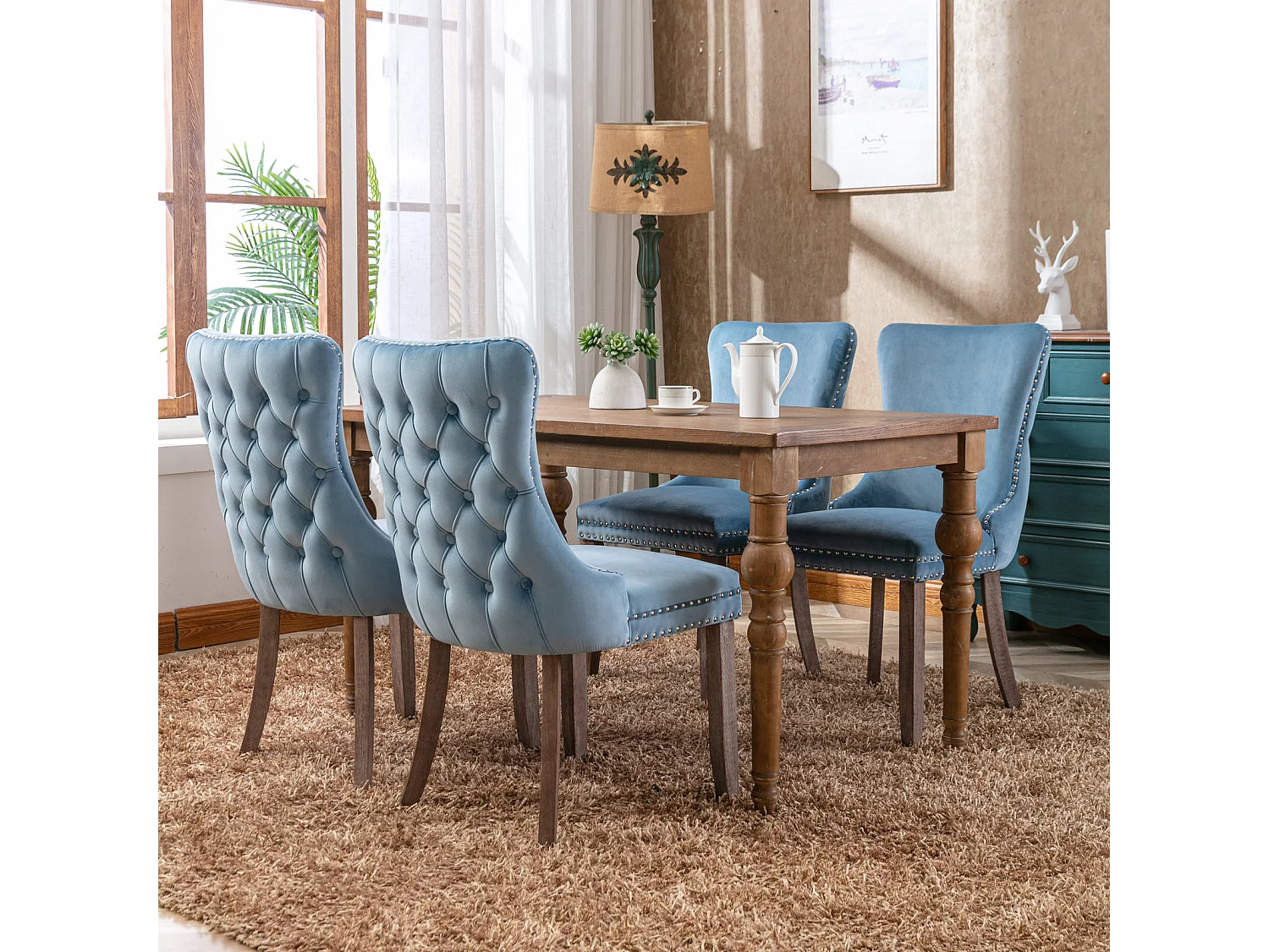 Sierra Set of 2 Wing Back Dining Chairs with Velvet Tufted & Oak Wood Legs