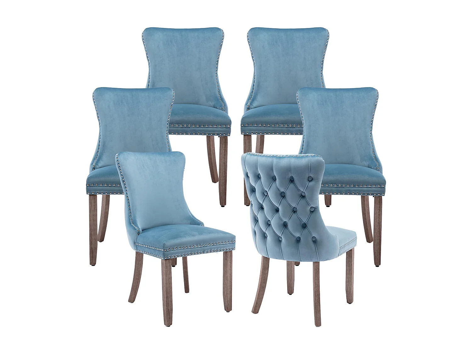 Sierra Set of 6 Wing Back Dining Chairs with Velvet Tufted & Oak Wood Legs