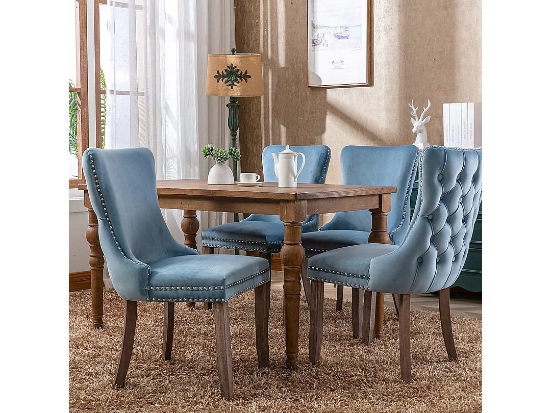 Sierra Set of 6 Wing Back Dining Chairs with Velvet Tufted & Oak Wood Legs
