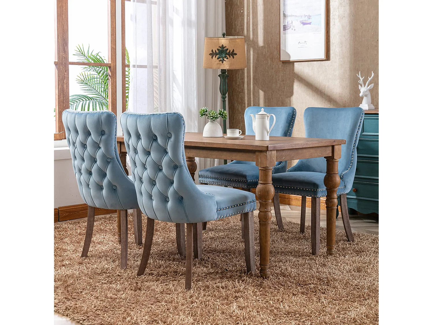 Sierra Set of 6 Wing Back Dining Chairs with Velvet Tufted & Oak Wood Legs