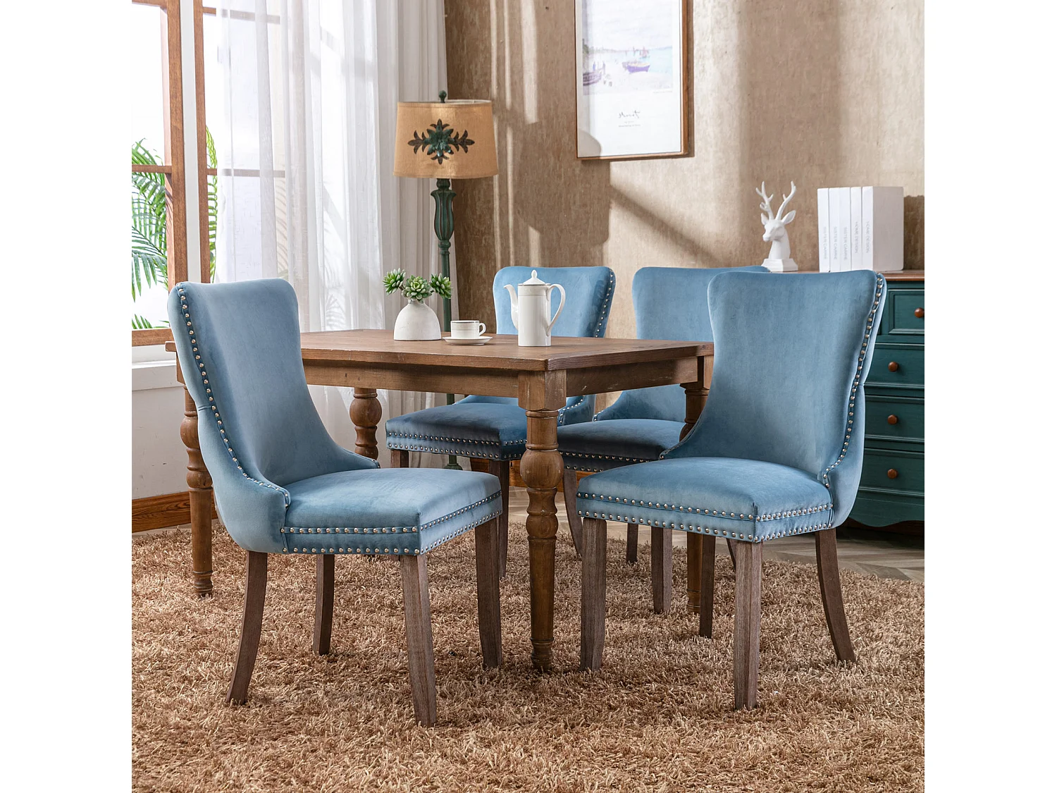 Sierra Set of 6 Wing Back Dining Chairs with Velvet Tufted & Oak Wood Legs