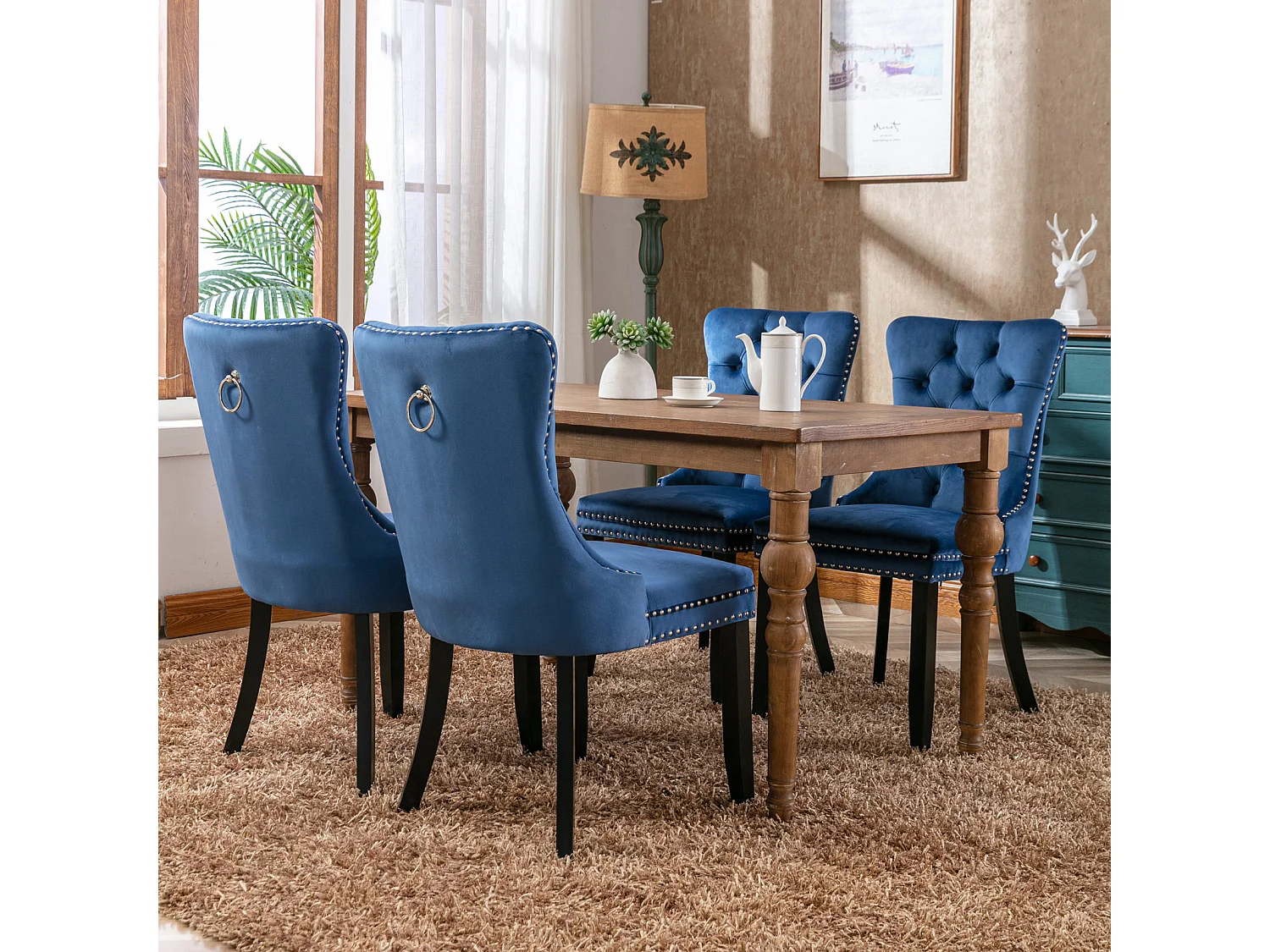 Romsey Set of 2 Dining Chairs Upholstered in Velvet with Oak Legs and Knocker Ring Back