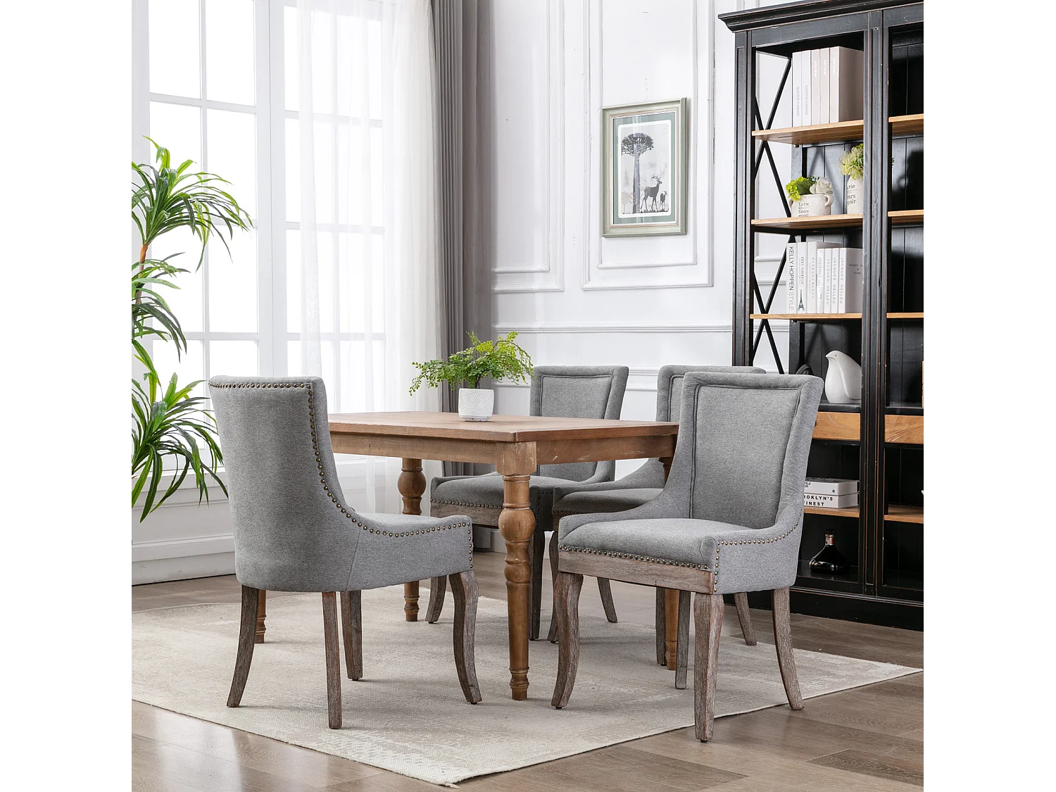 Bewley Set of 4 Dining Chairs Upholstered in Linen with Oak Wood Legs