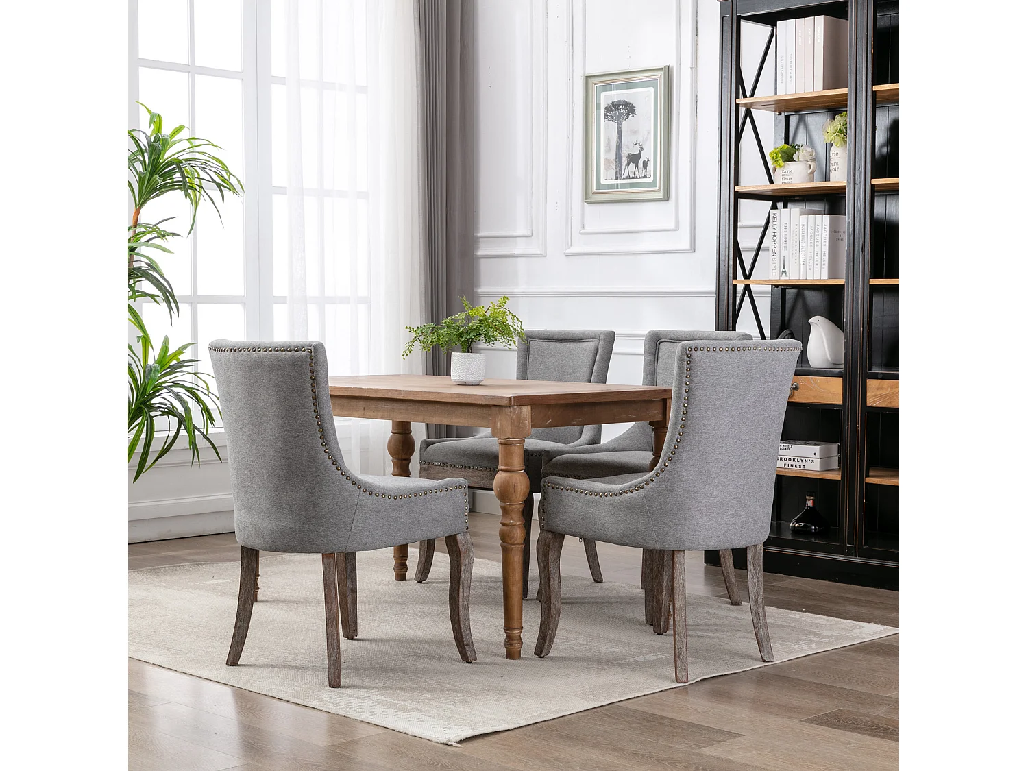 Bewley Set of 4 Dining Chairs Upholstered in Linen with Oak Wood Legs
