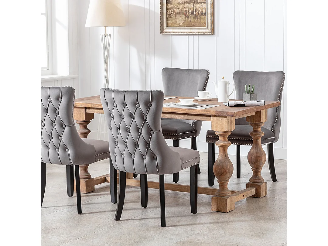Romsey Set of 4 Dining Chairs Upholstered in Velvet with Oak Legs and Knocker Ring Back