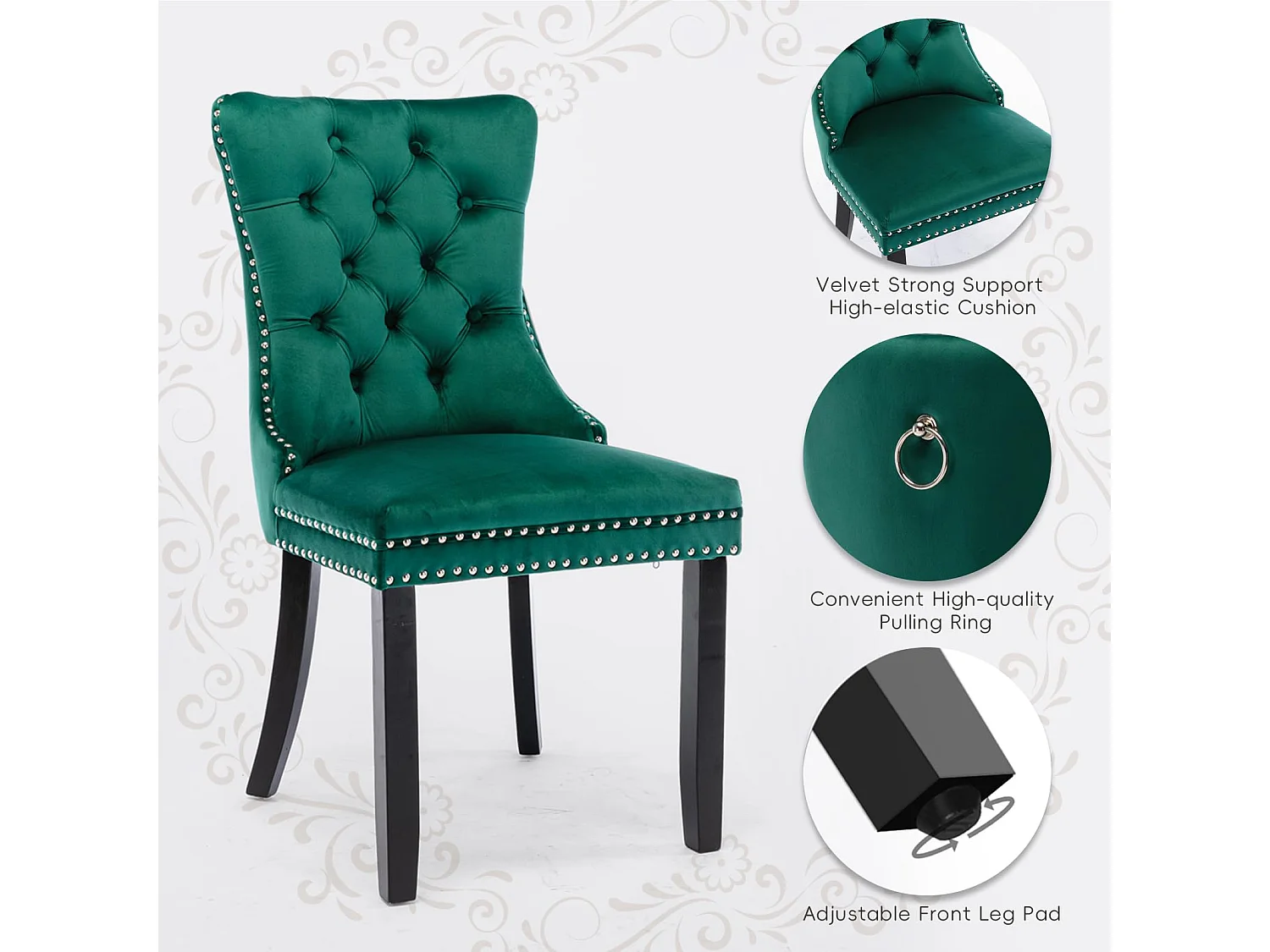 Romsey Set of 2 Dining Chairs Upholstered in Velvet with Oak Legs and Knocker Ring Back