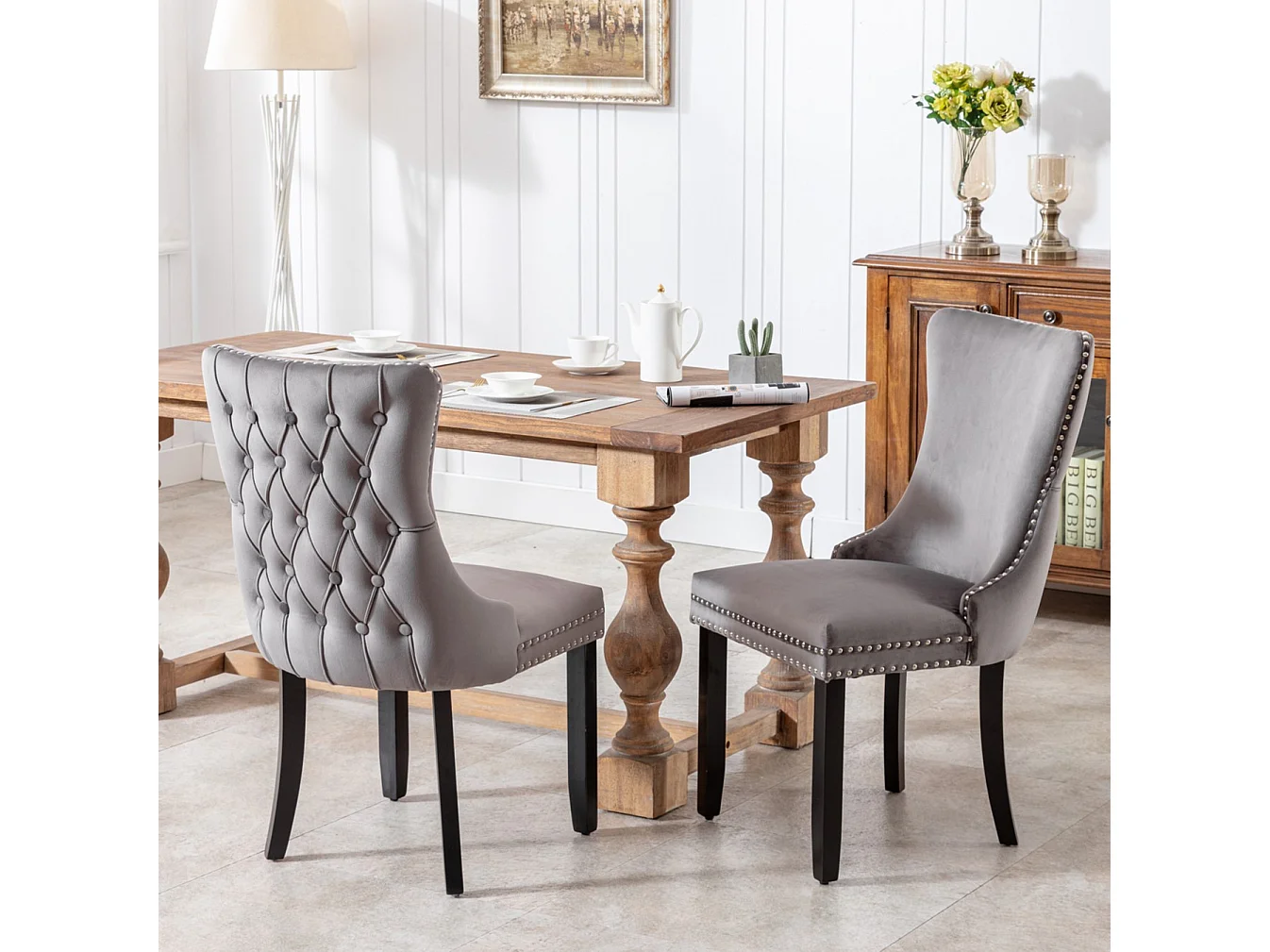 Sierra Set of 2 Wing Back Dining Chairs with Velvet Tufted & Oak Wood Legs
