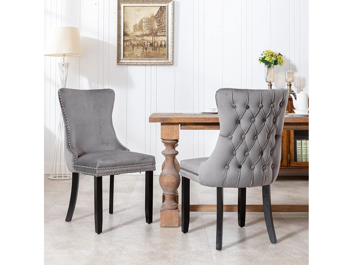 Sierra Set of 2 Wing Back Dining Chairs with Velvet Tufted & Oak Wood Legs