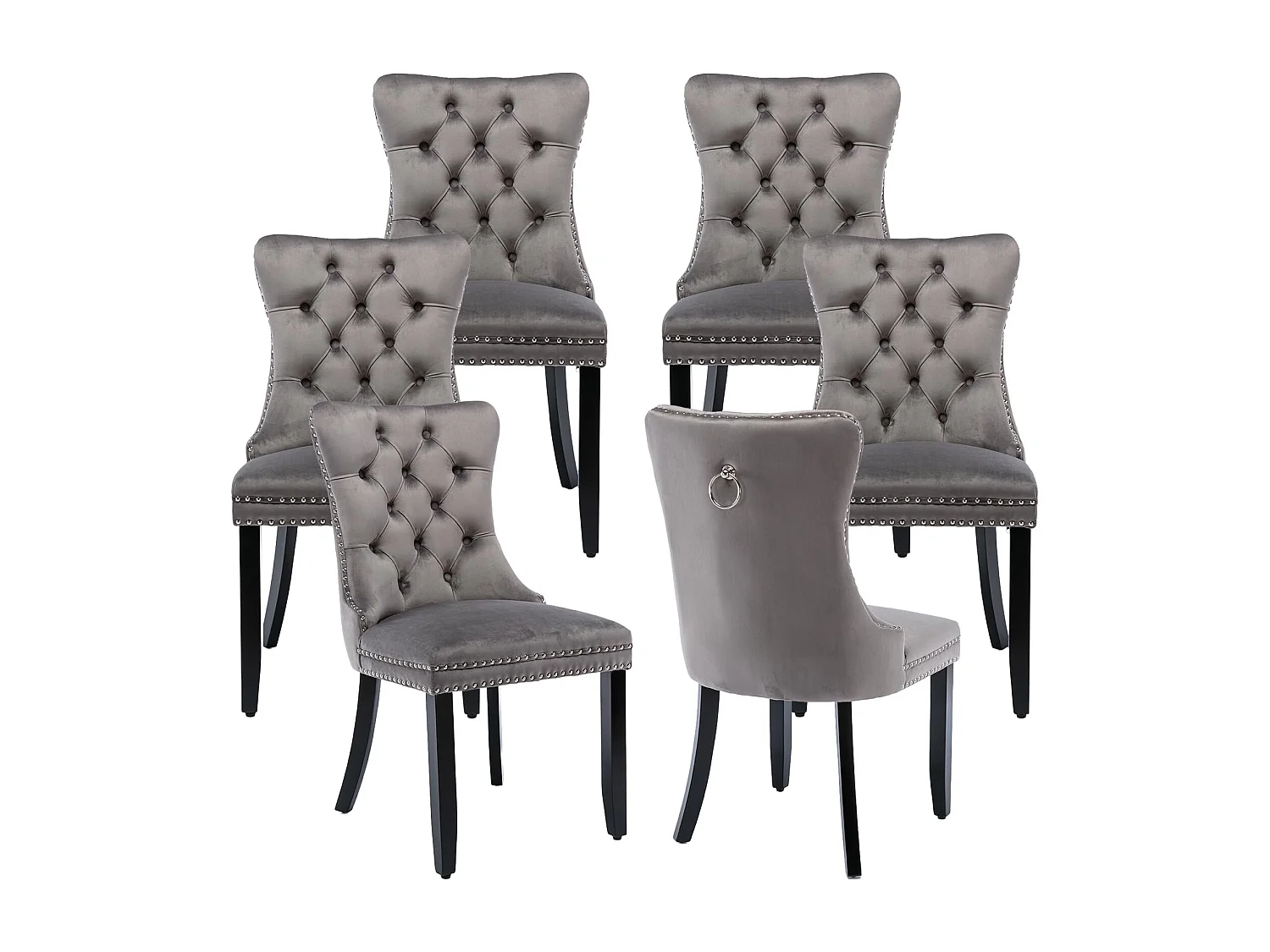 Romsey Set of 6 Dining Chairs Upholstered in Velvet with Oak Legs and Knocker Ring Back