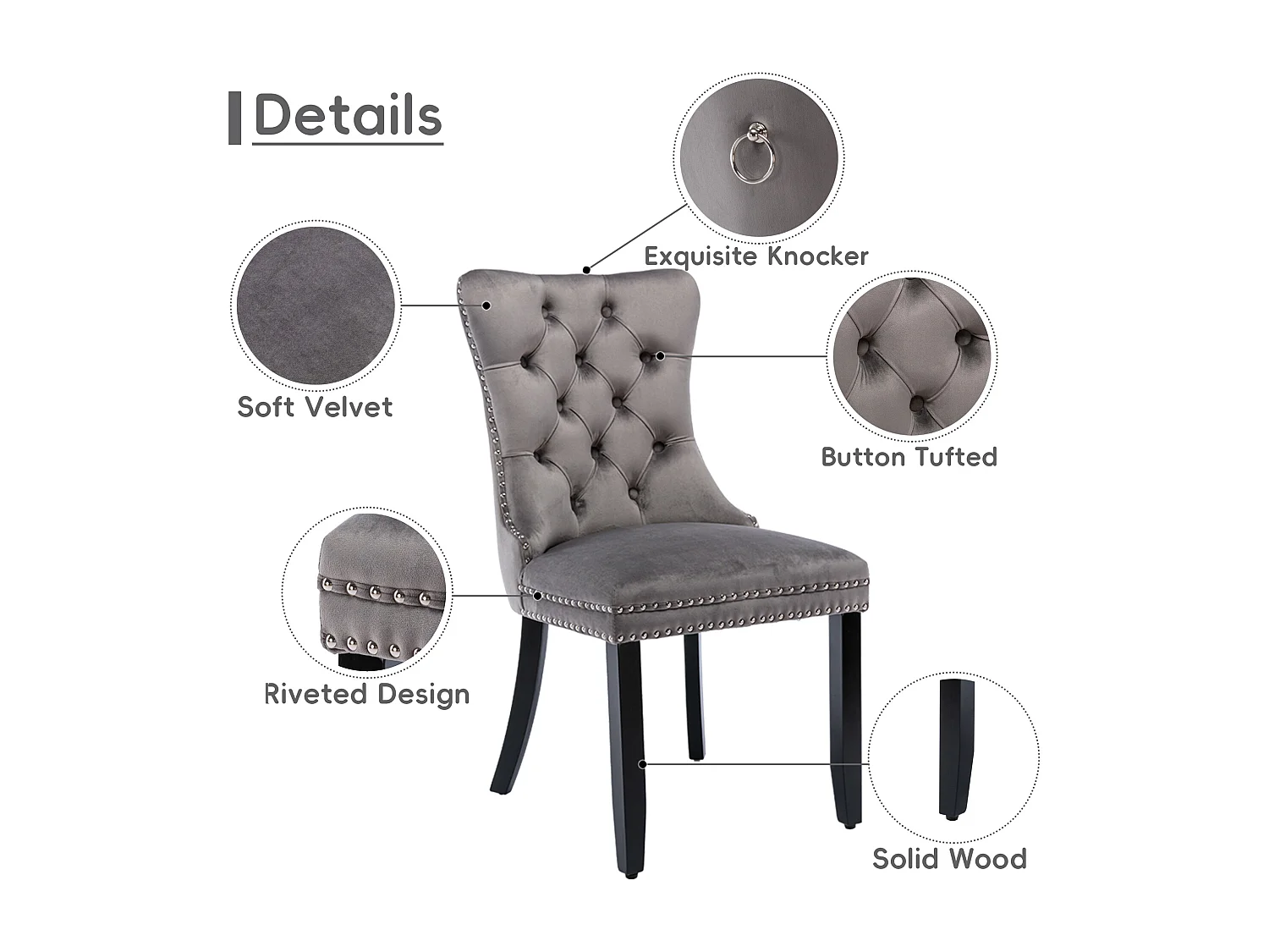 Romsey Set of 6 Dining Chairs Upholstered in Velvet with Oak Legs and Knocker Ring Back