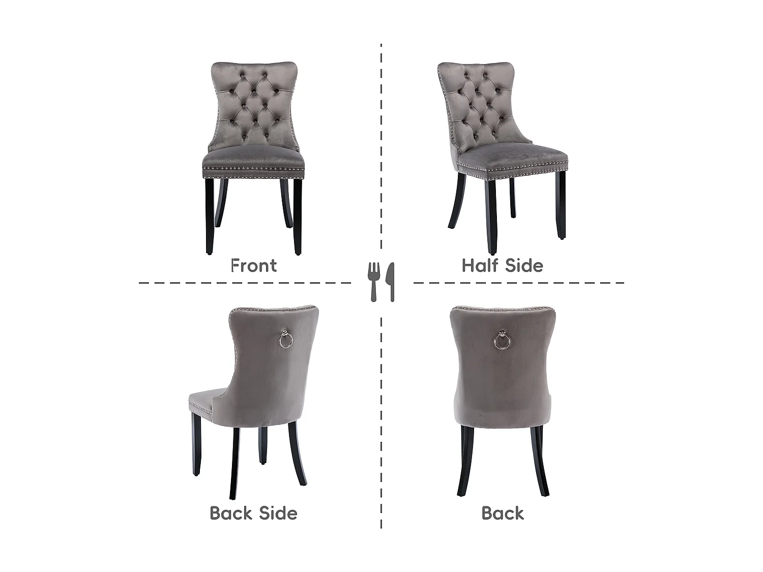 Romsey Set of 6 Dining Chairs Upholstered in Velvet with Oak Legs and Knocker Ring Back